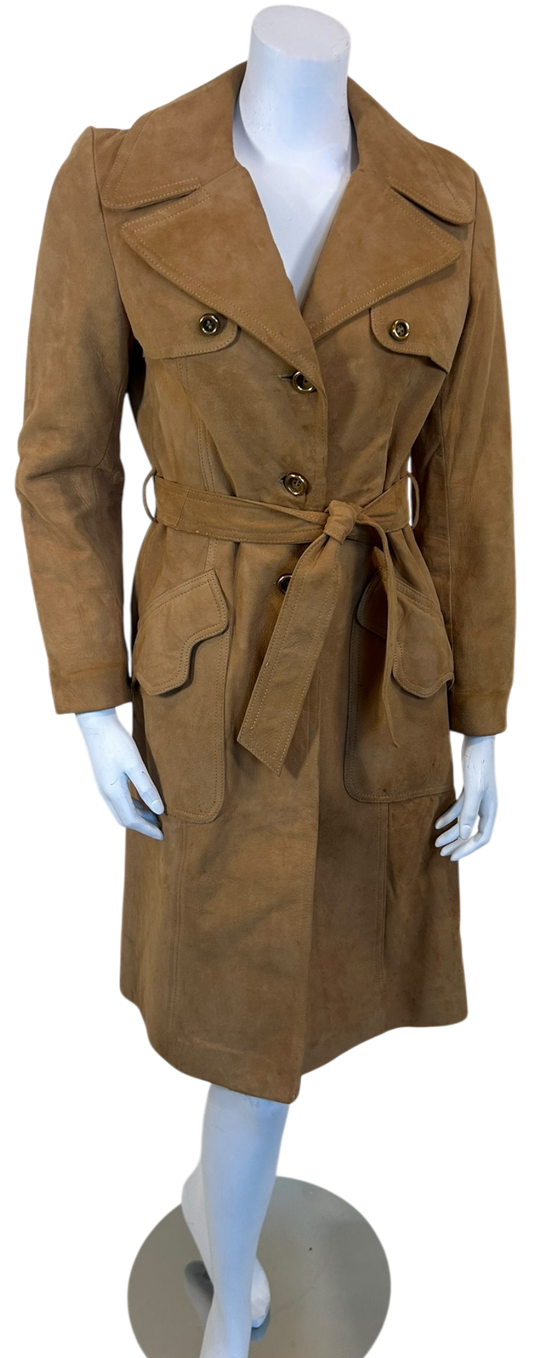 1970s I. Magnin & Co. Tan Suede Leather Belted Trench Coat | Vintage Safari Coat