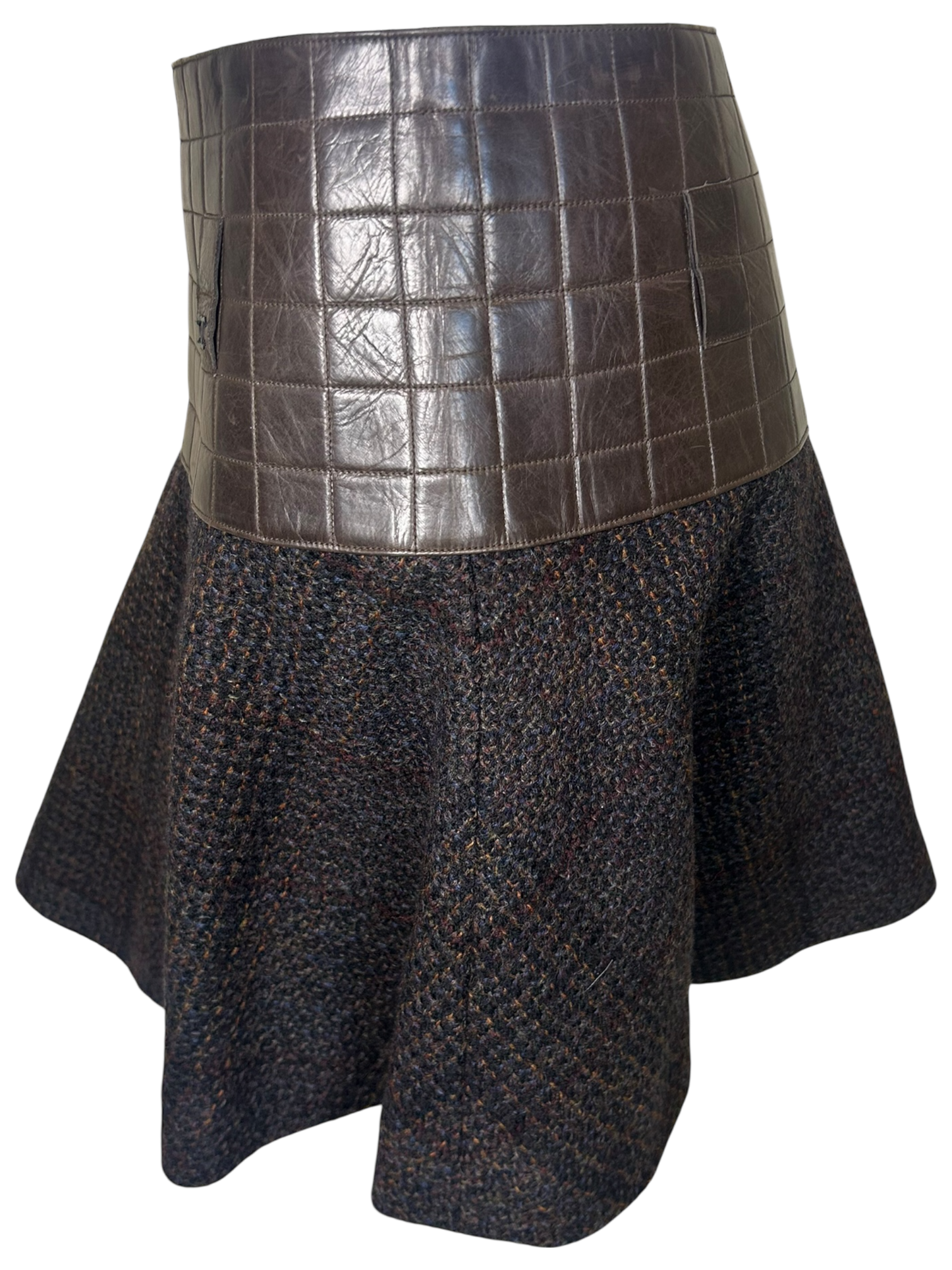 Vintage Chanel 2002A Brown Calfskin Quilted Waist Wool Tweed Flare Mini Skirt, FR 38