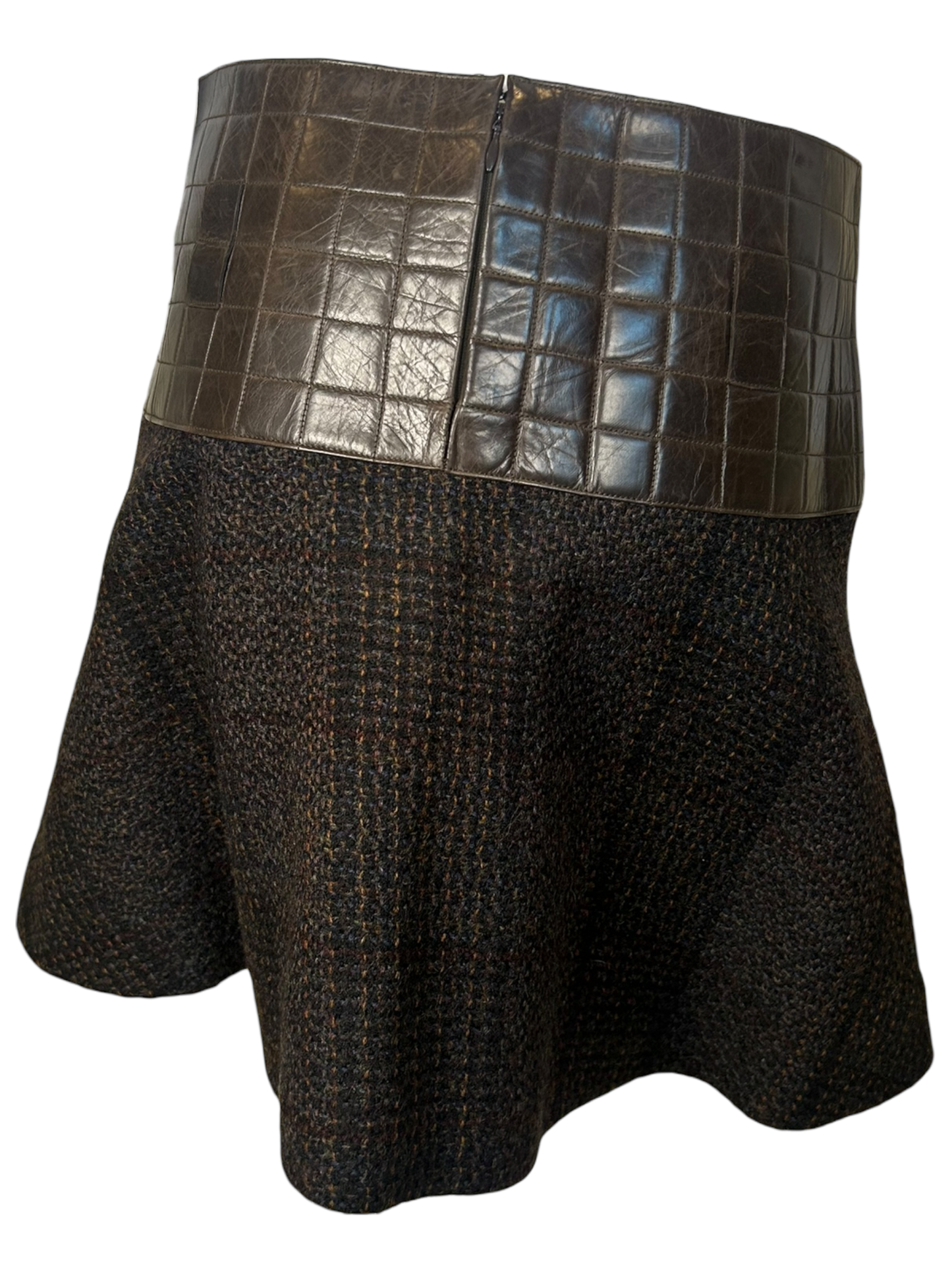 Vintage Chanel 2002A Brown Calfskin Quilted Waist Wool Tweed Flare Mini Skirt, FR 38