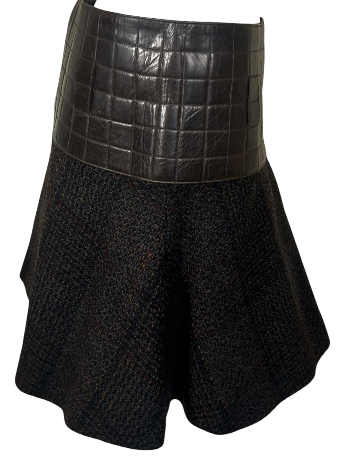 Vintage Chanel 2002A Brown Calfskin Quilted Waist Wool Tweed Flare Mini Skirt, FR 38