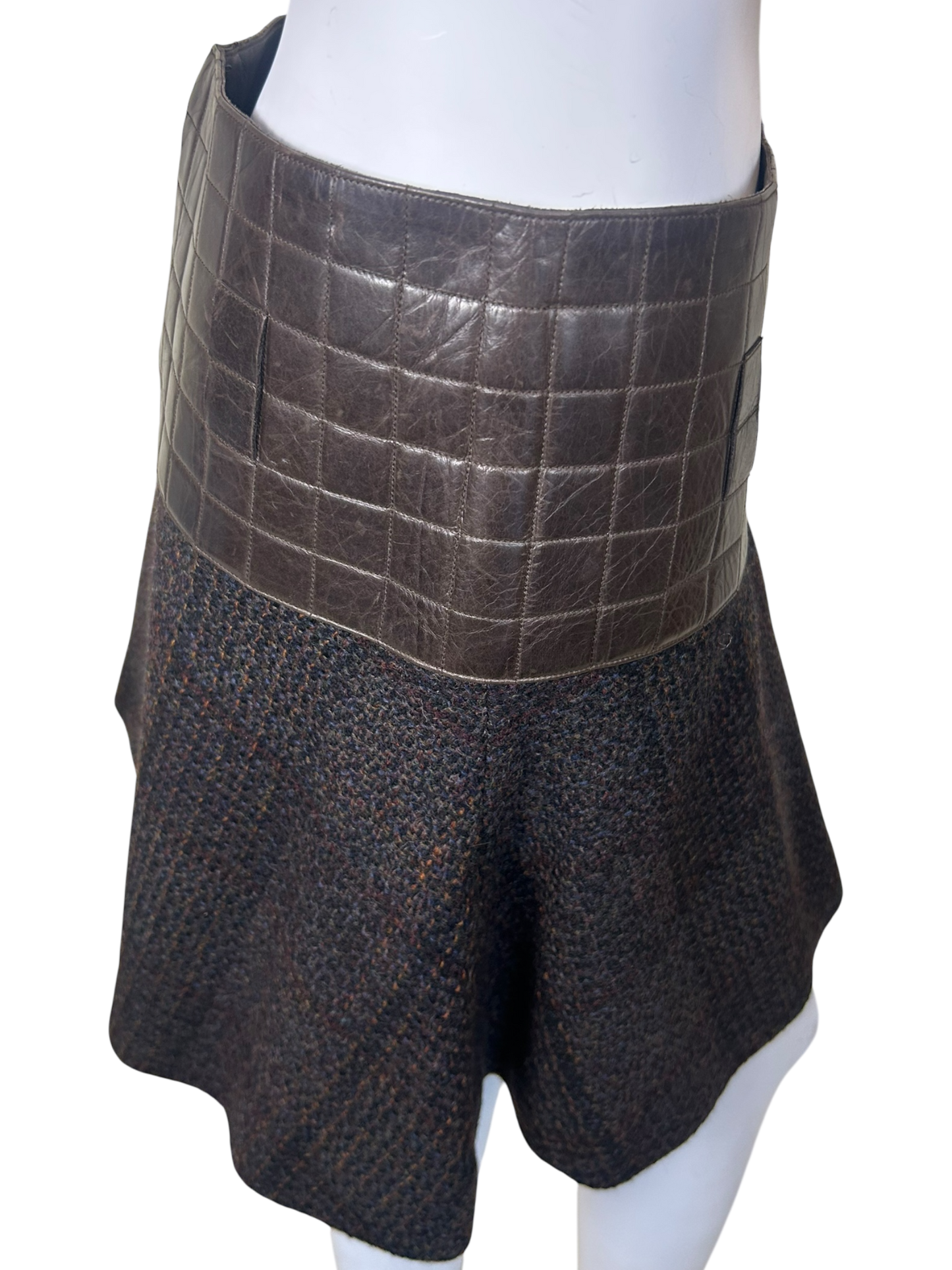 Vintage Chanel 2002A Brown Calfskin Quilted Waist Wool Tweed Flare Mini Skirt, FR 38
