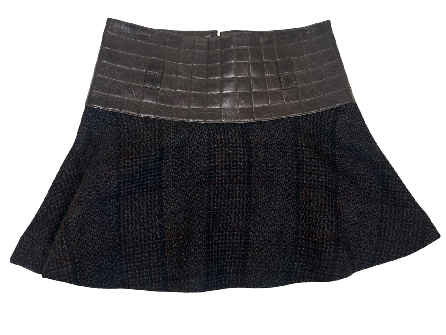 Vintage Chanel 2002A Brown Calfskin Quilted Waist Wool Tweed Flare Mini Skirt, FR 38