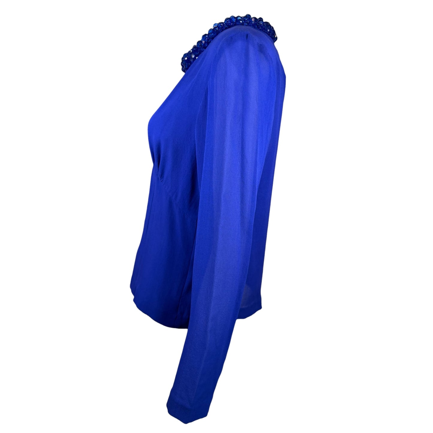 Vintage Dries Van Noten Royal Blue Beaded Silk Long-Sleeve Blouse Size 40