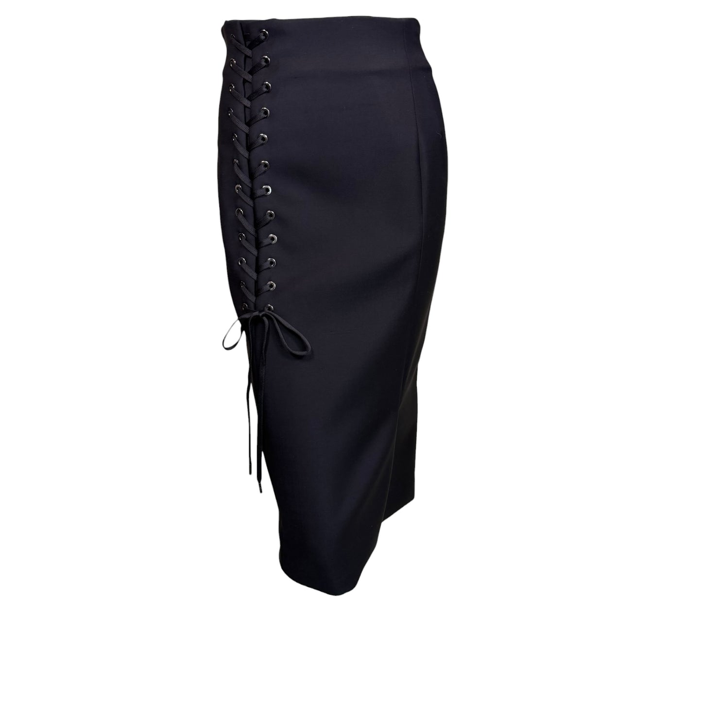 Vintage Christian Dior by John Galliano Black Wool Lace-Up High Waist Pencil Skirt NWT Size 38