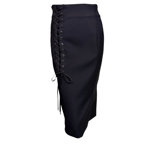 Vintage Christian Dior by John Galliano Black Wool Lace-Up High Waist Pencil Skirt NWT Size 38