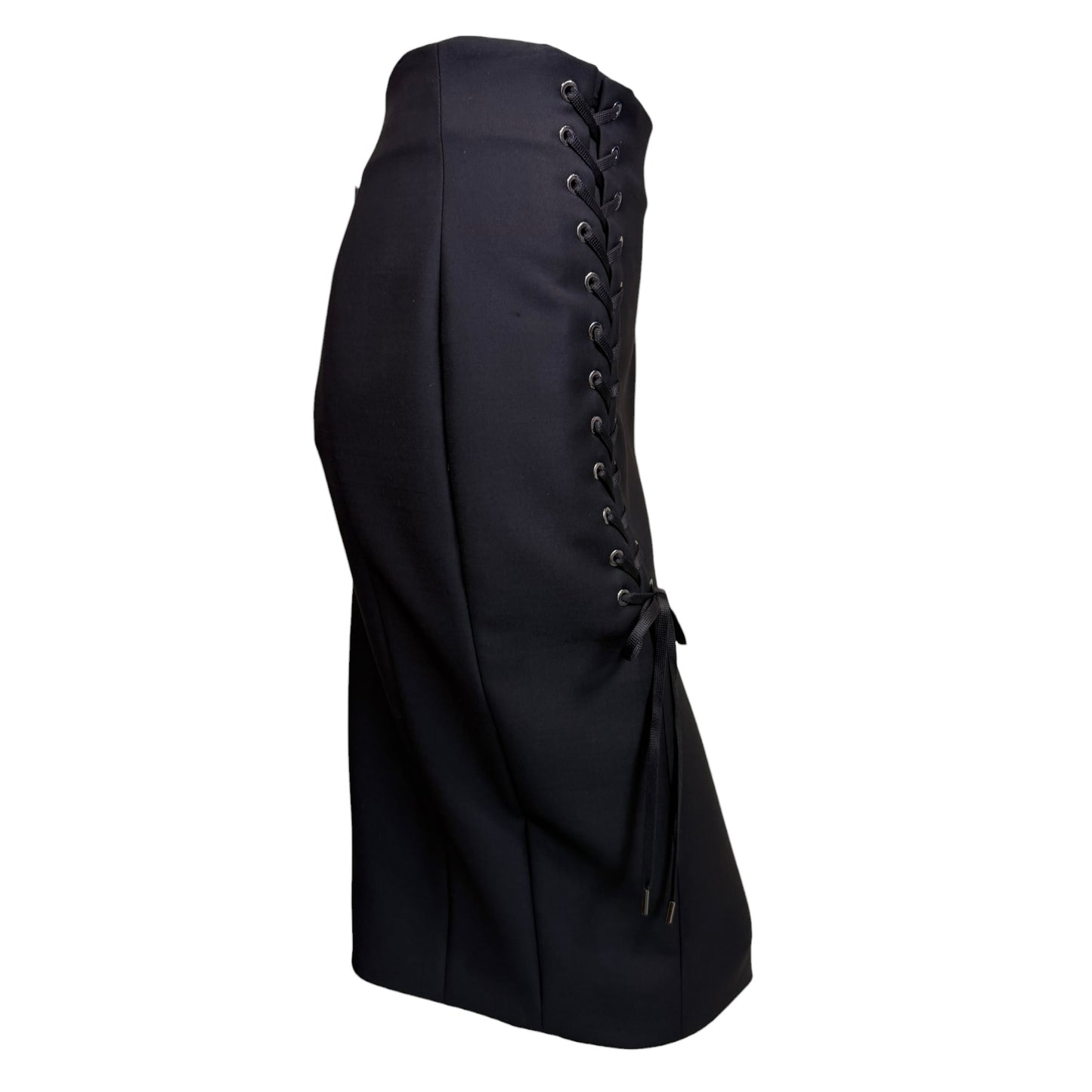 Vintage Christian Dior by John Galliano Black Wool Lace-Up High Waist Pencil Skirt NWT Size 38