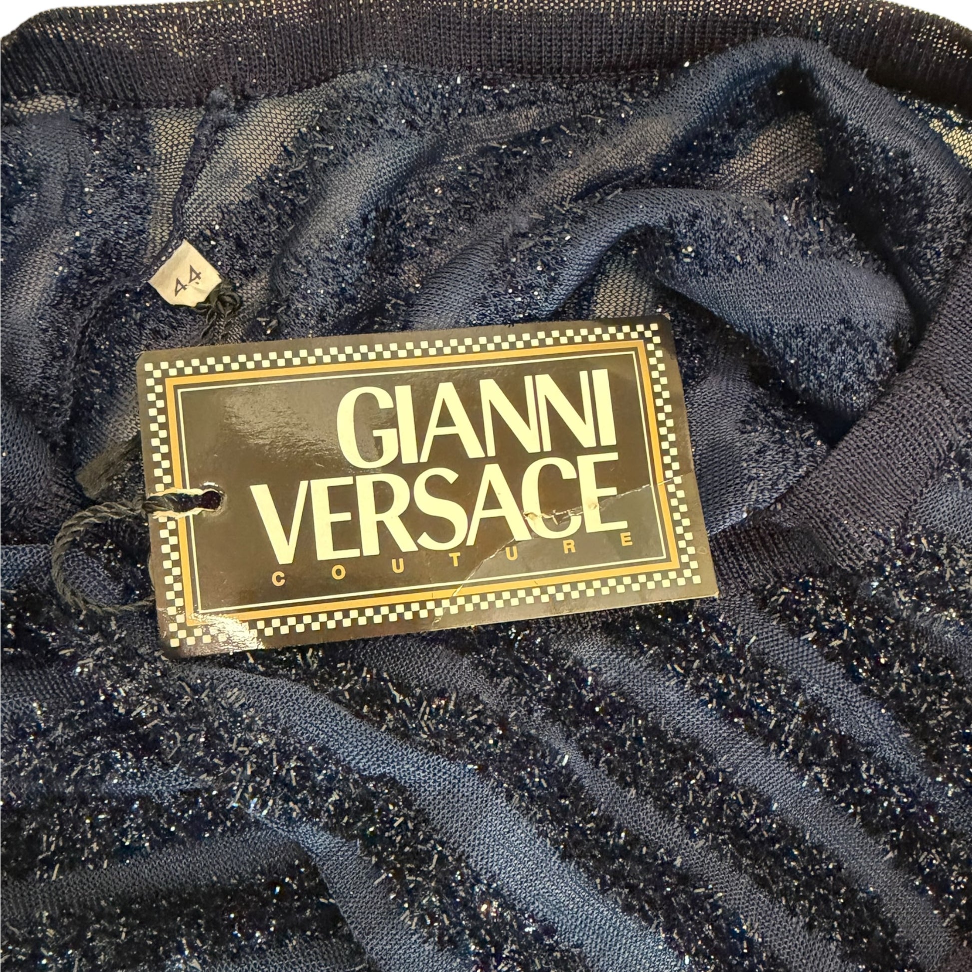 Vintage 1990s Gianni Versace Couture navy metallic stripe sheer knit top, interior label close-up