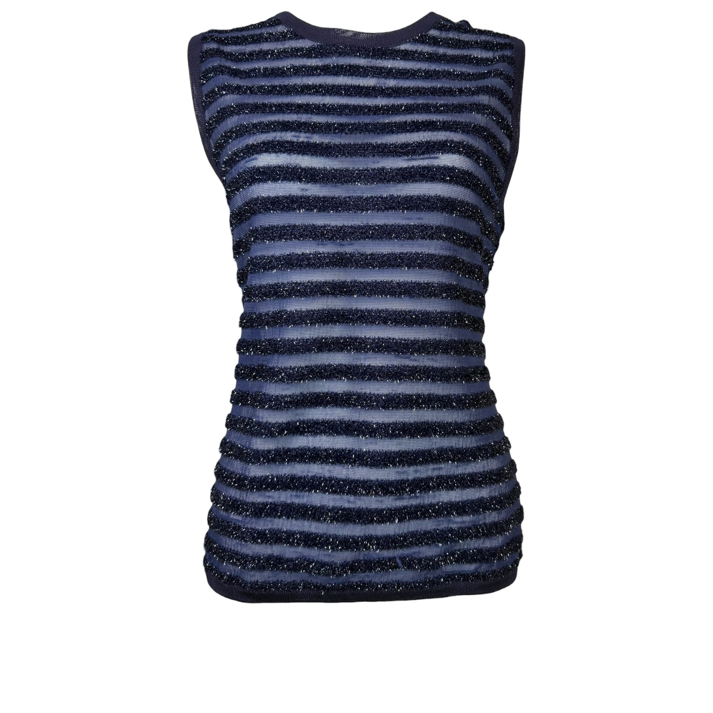 Vintage 1990s Gianni Versace Couture navy metallic stripe sheer knit top, NWT, front view