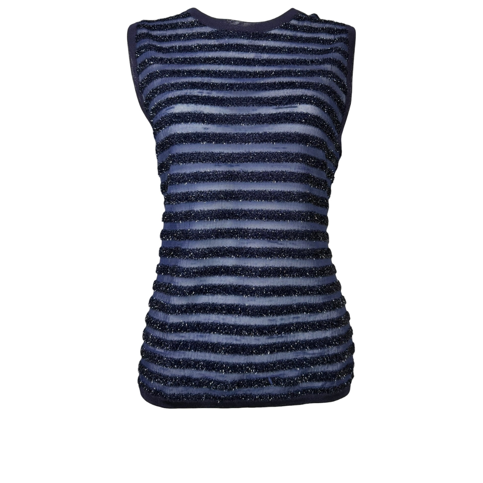 Vintage 1990s Gianni Versace Couture navy metallic stripe sheer knit top, NWT, front view