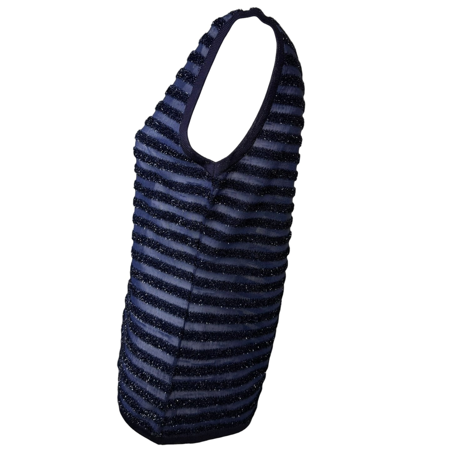Vintage 1990s Gianni Versace Couture navy metallic stripe sheer knit top, side view