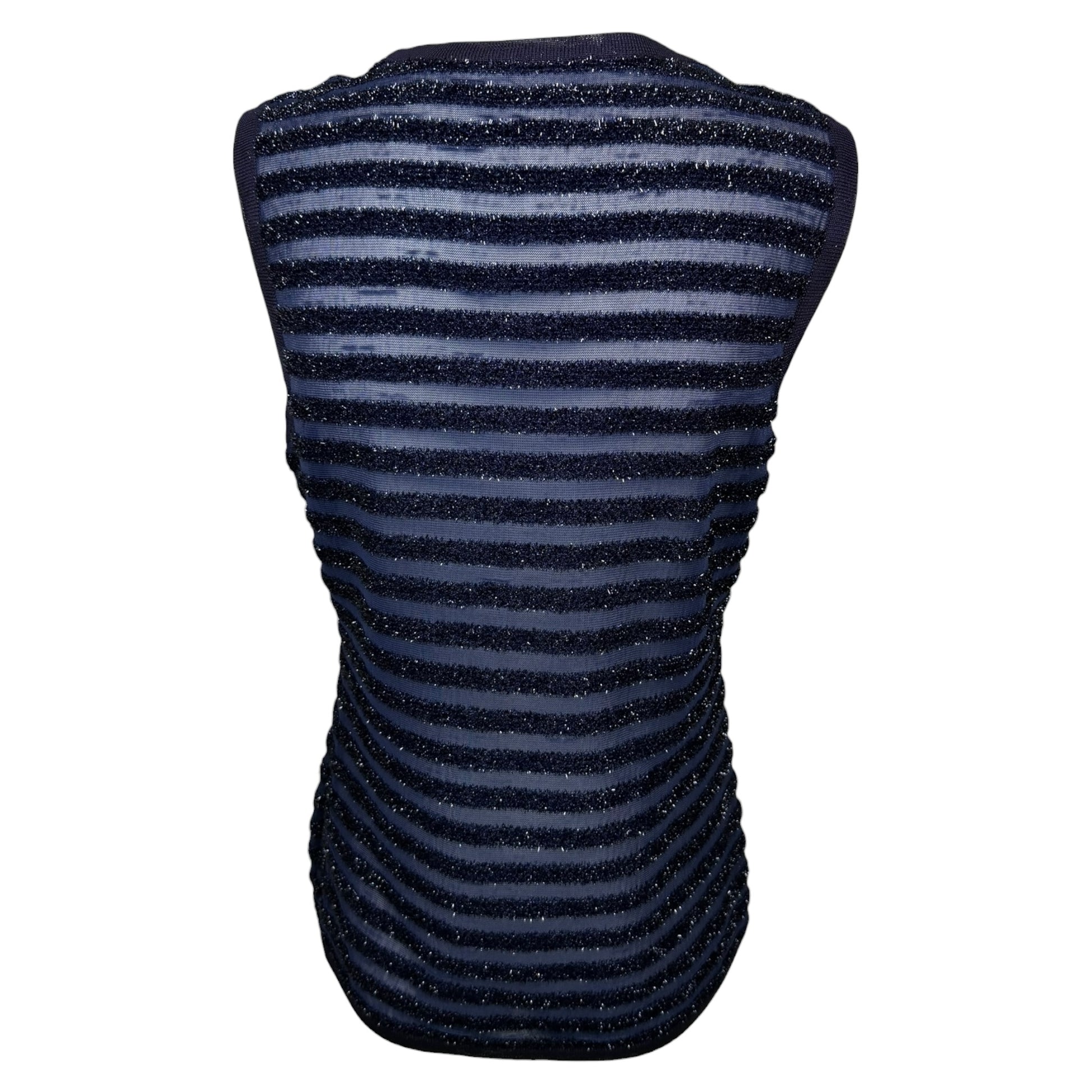 Vintage 1990s Gianni Versace Couture navy metallic stripe sheer knit top, sleeve detail close-up