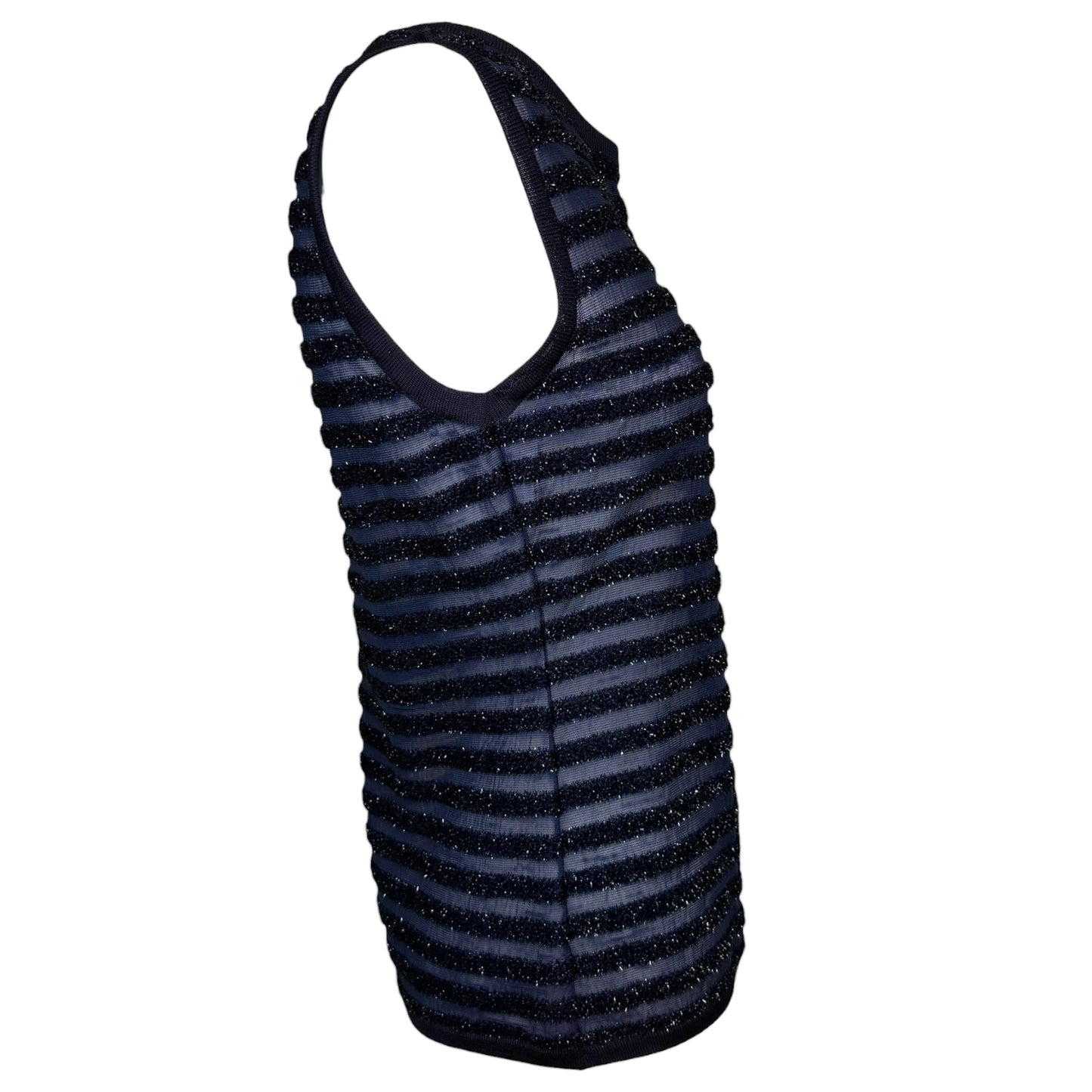 Vintage 1990s Gianni Versace Couture navy metallic stripe sheer knit top, back view