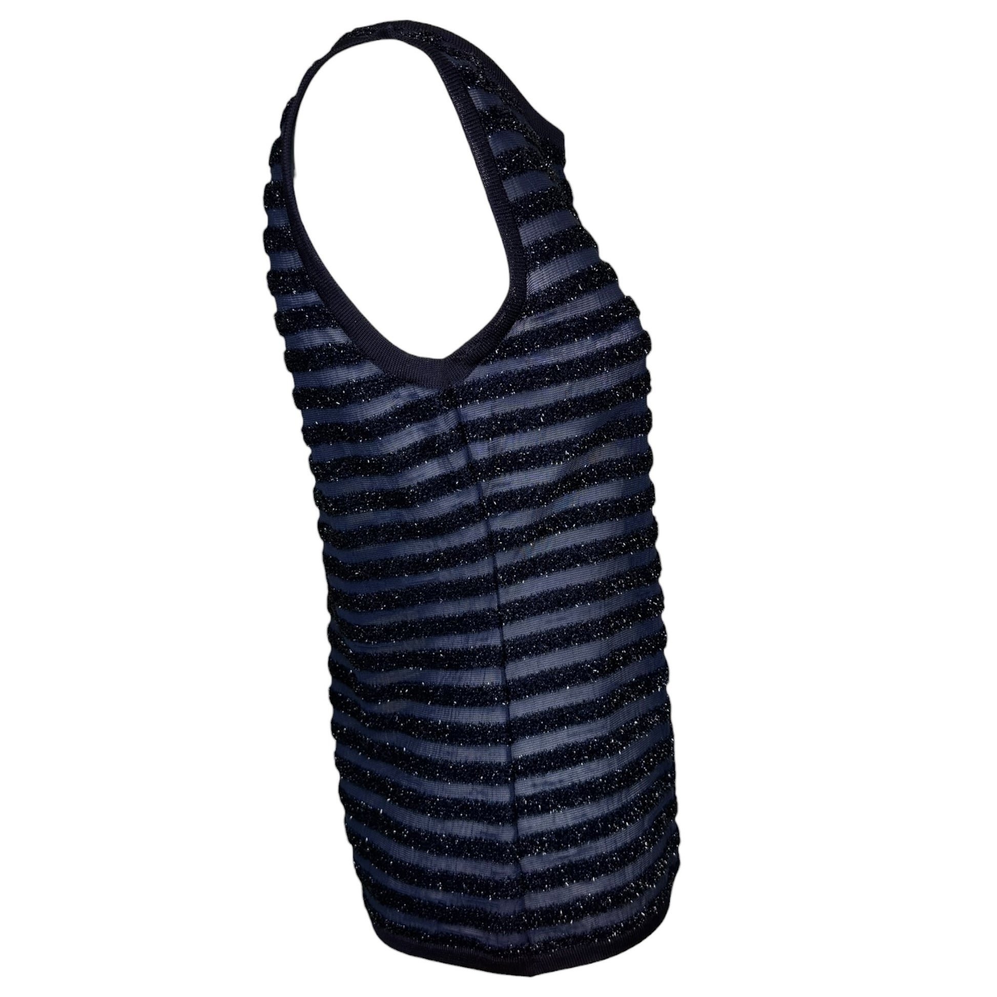 Vintage 1990s Gianni Versace Couture navy metallic stripe sheer knit top, back view