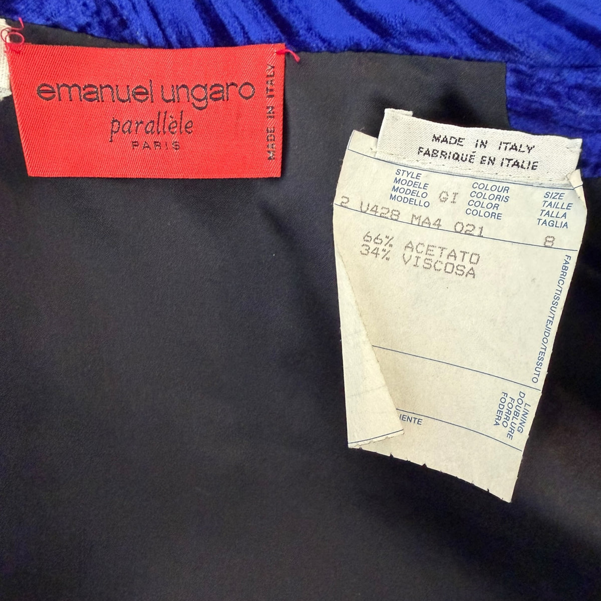 Iris Apfel Provenance Vintage Emanuel Ungaro Parallèle Cobalt Blue Velvet Bolero Jacket – interior label close-up