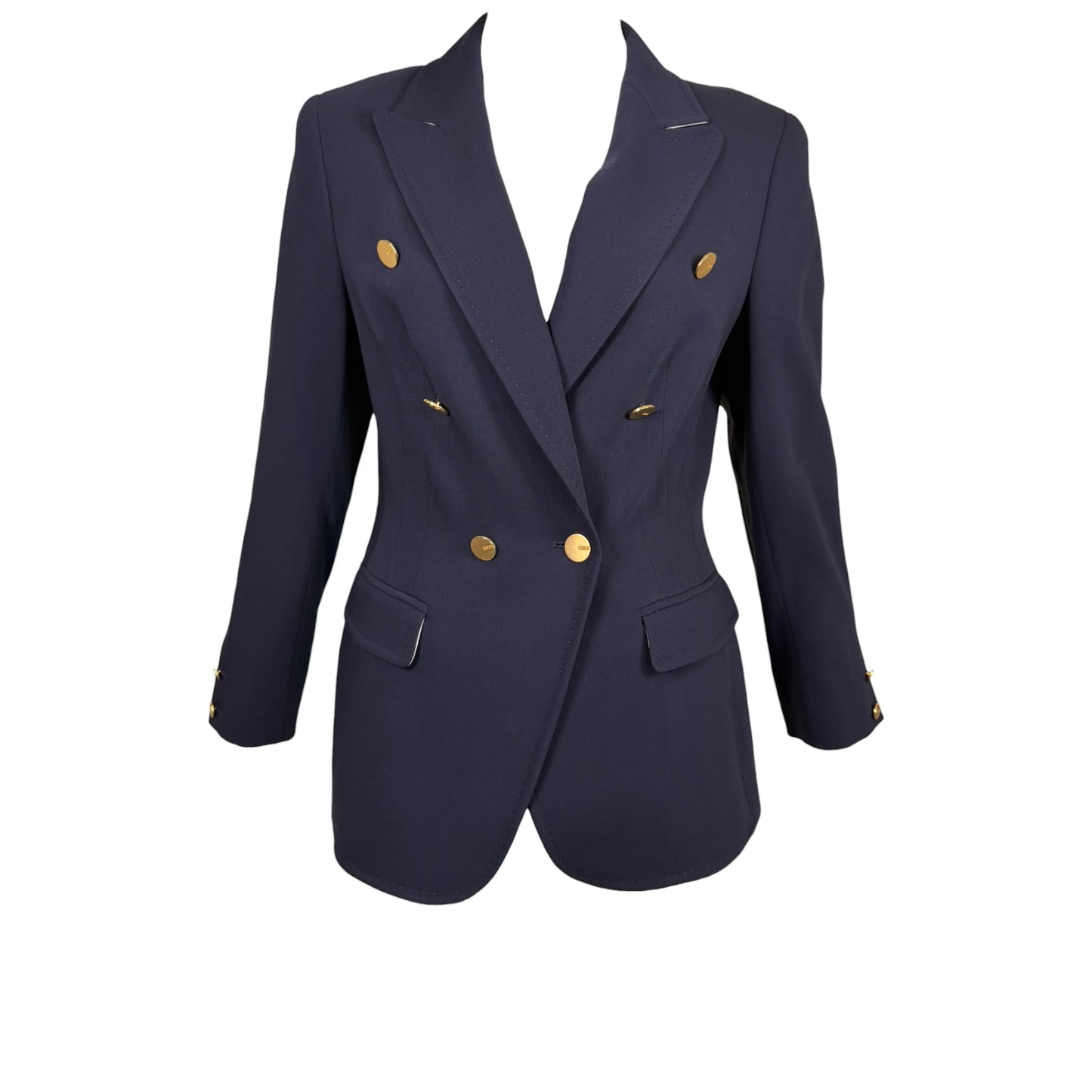 Escada Navy Double-Breasted Wool Blend Blazer with Gold Logo Buttons - Size 38