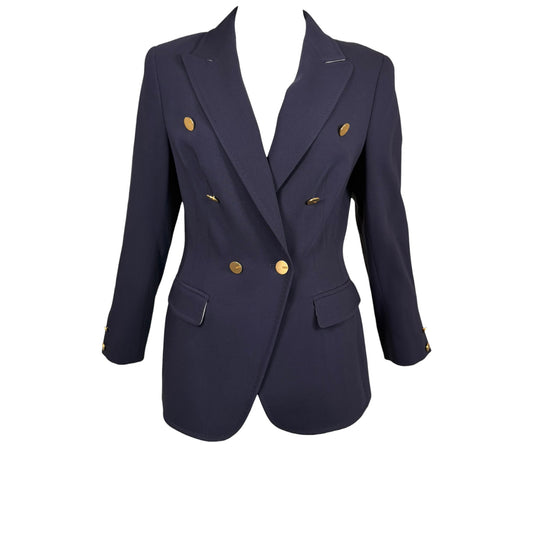 Escada Navy Double-Breasted Wool Blend Blazer with Gold Logo Buttons - Size 38