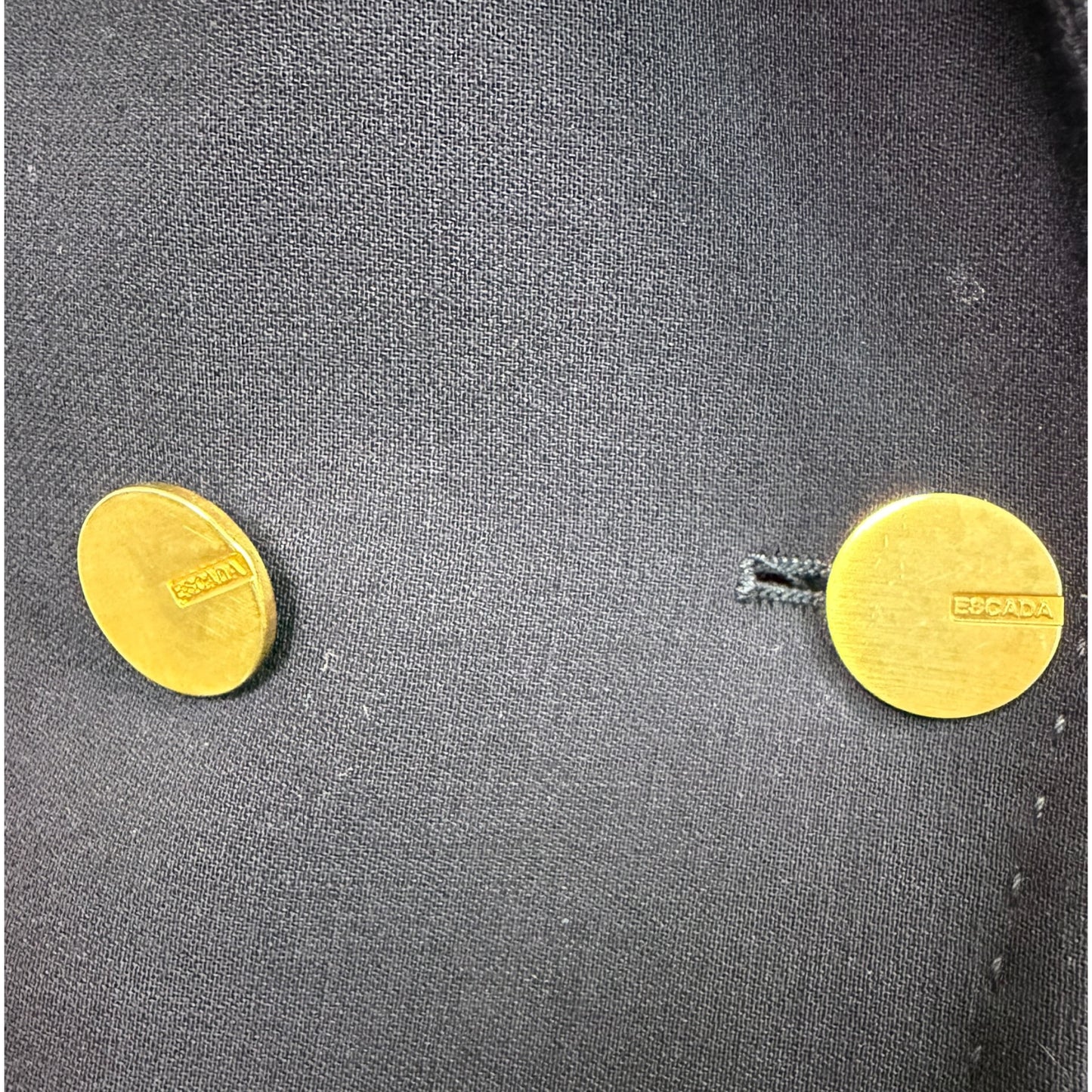 Escada Navy Double-Breasted Wool Blend Blazer with Gold Logo Buttons - Size 38