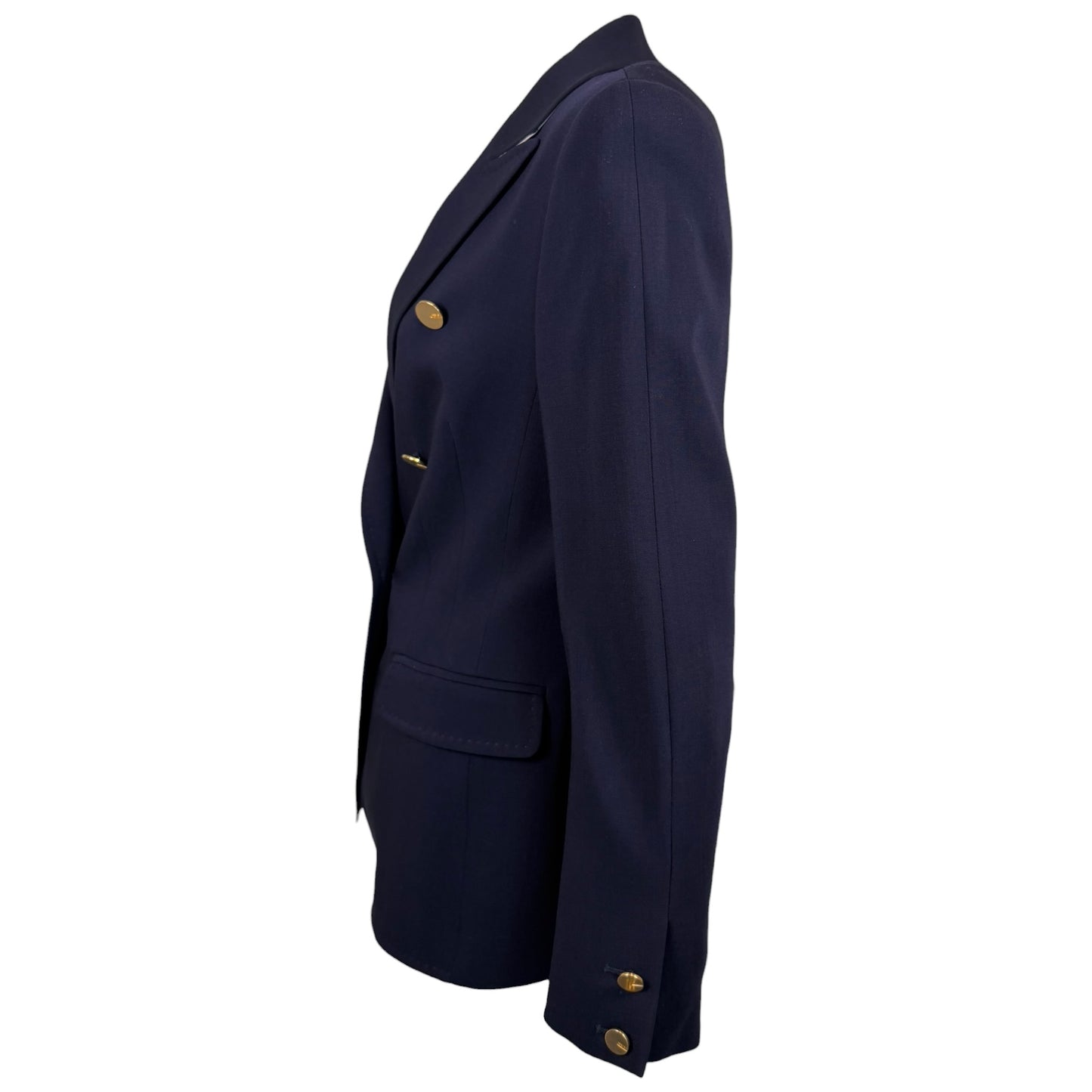 Escada Navy Double-Breasted Wool Blend Blazer with Gold Logo Buttons - Size 38