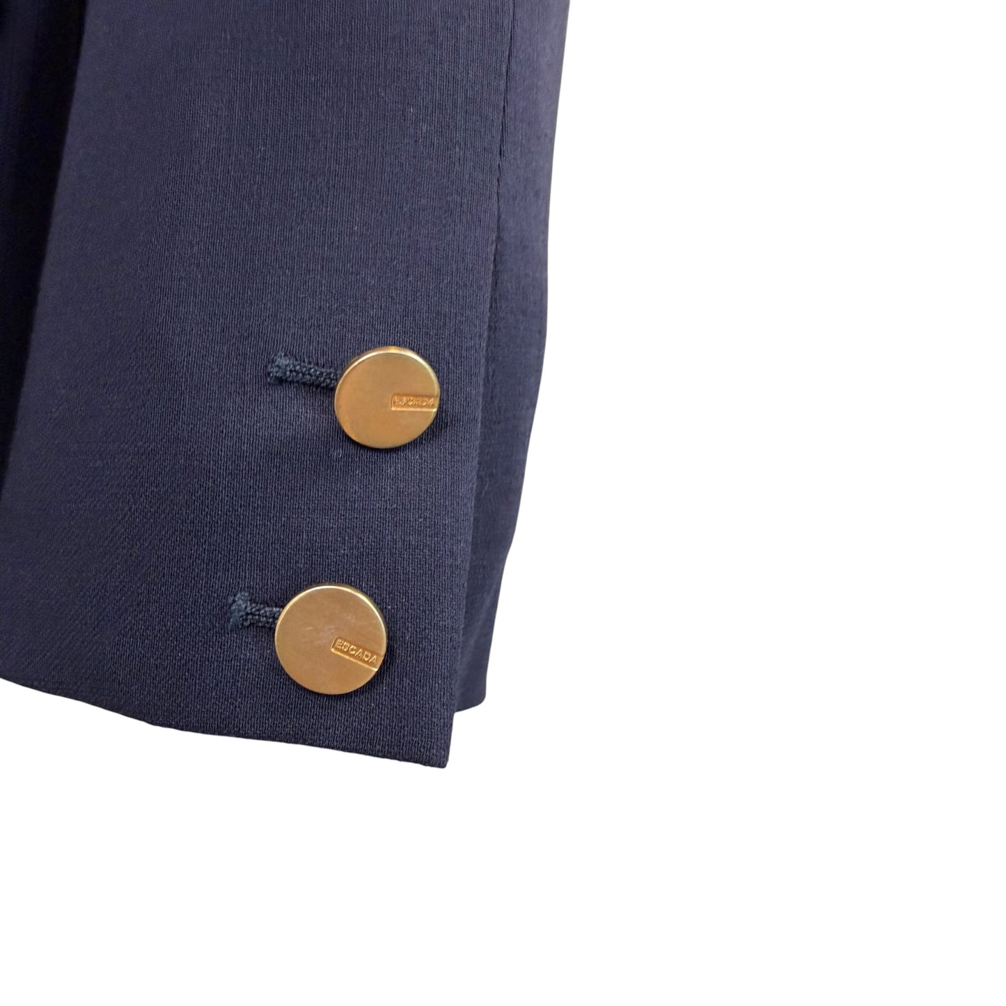 Escada Navy Double-Breasted Wool Blend Blazer with Gold Logo Buttons - Size 38