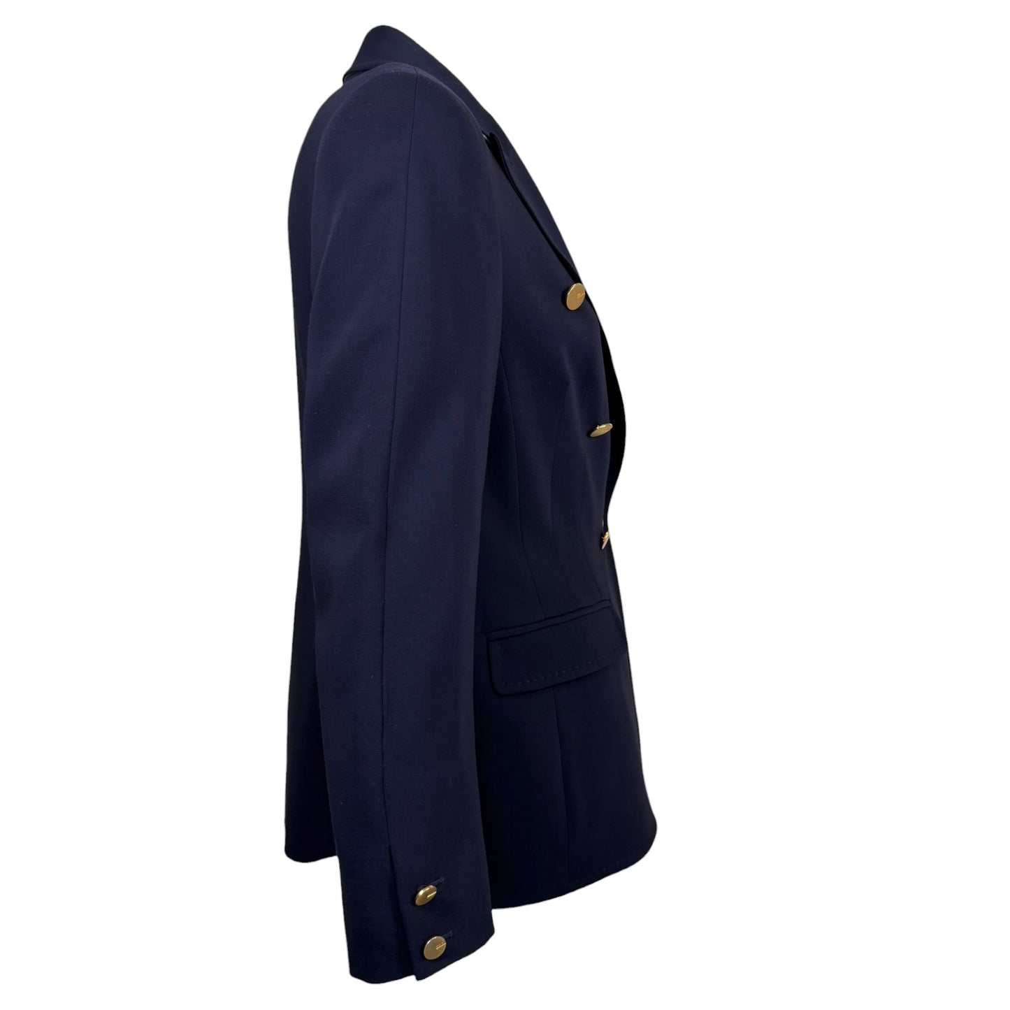 Escada Navy Double-Breasted Wool Blend Blazer with Gold Logo Buttons - Size 38