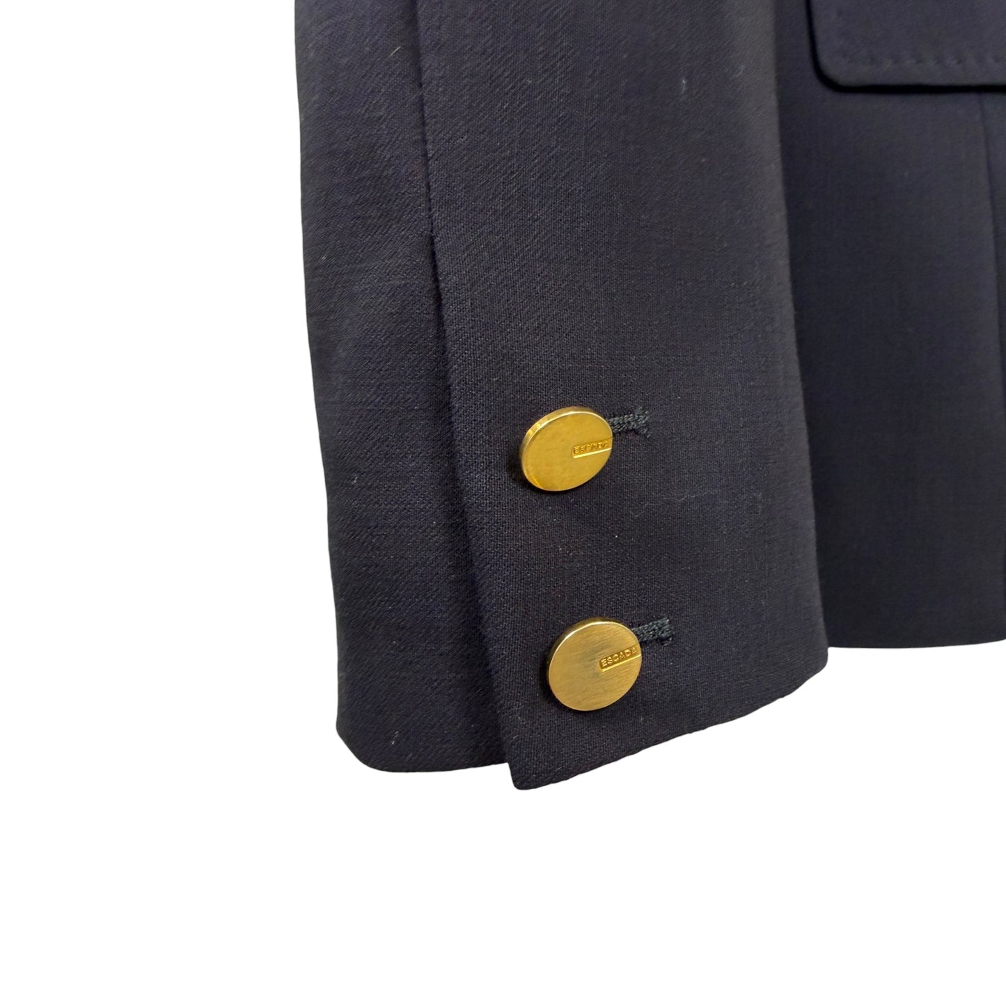 Escada Navy Double-Breasted Wool Blend Blazer with Gold Logo Buttons - Size 38