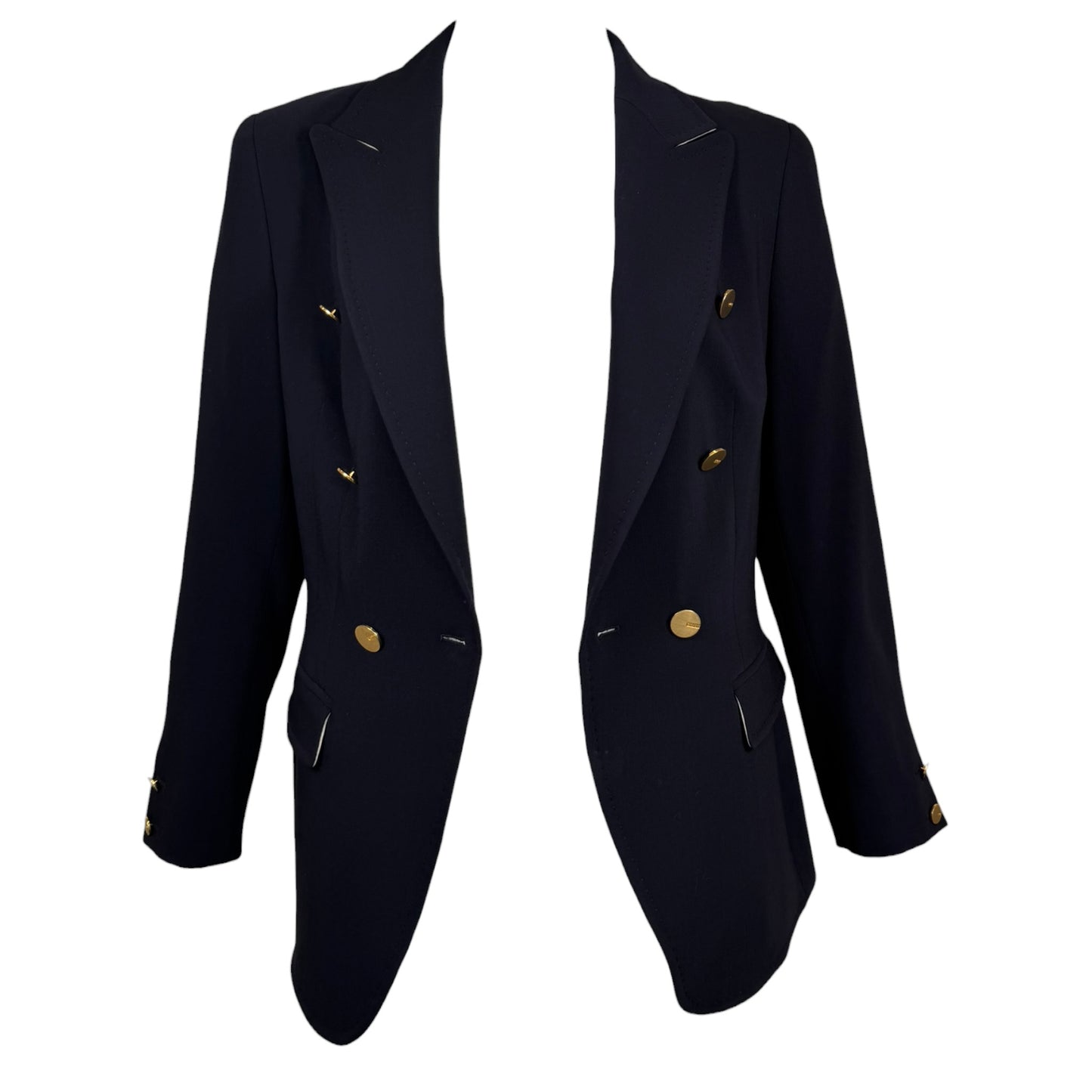 Escada Navy Double-Breasted Wool Blend Blazer with Gold Logo Buttons - Size 38