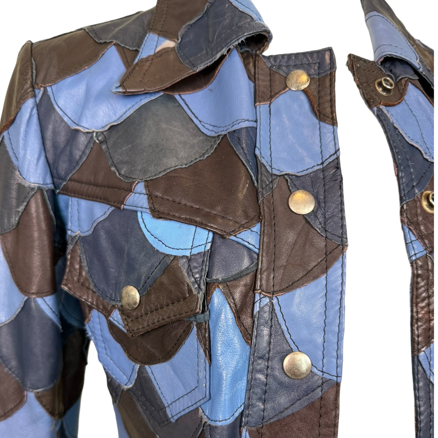 Vintage 1970s Blue & Brown Scalloped Patchwork Leather Jacket - Size Small
