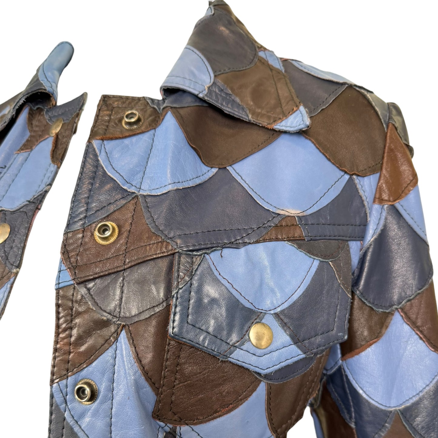 Vintage 1970s Blue & Brown Scalloped Patchwork Leather Jacket - Size Small