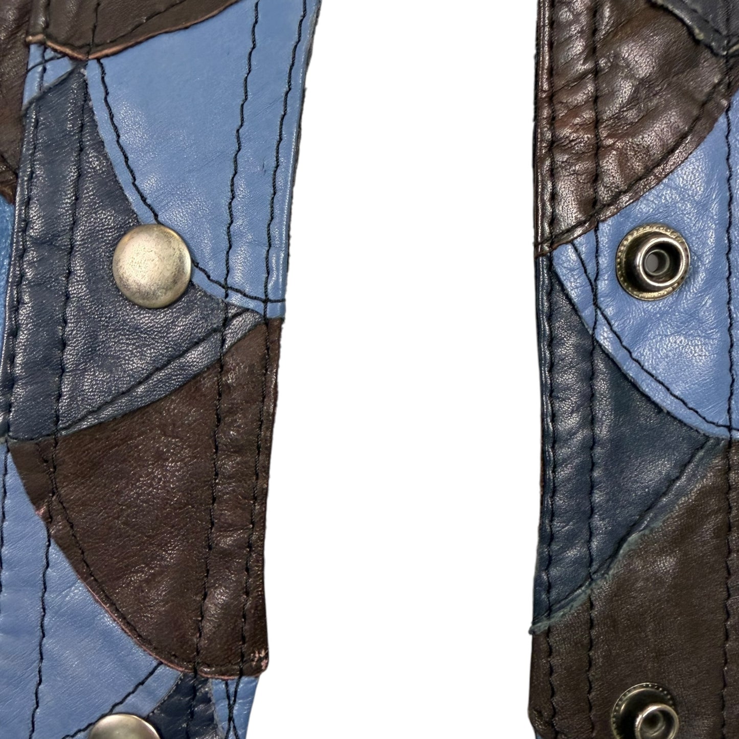 Vintage 1970s Blue & Brown Scalloped Patchwork Leather Jacket - Size Small
