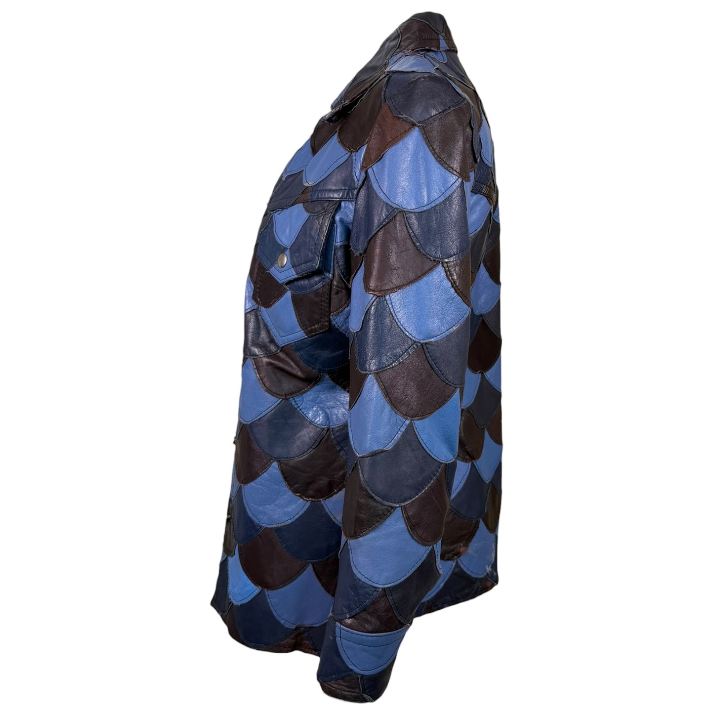 Vintage 1970s Blue & Brown Scalloped Patchwork Leather Jacket - Size Small