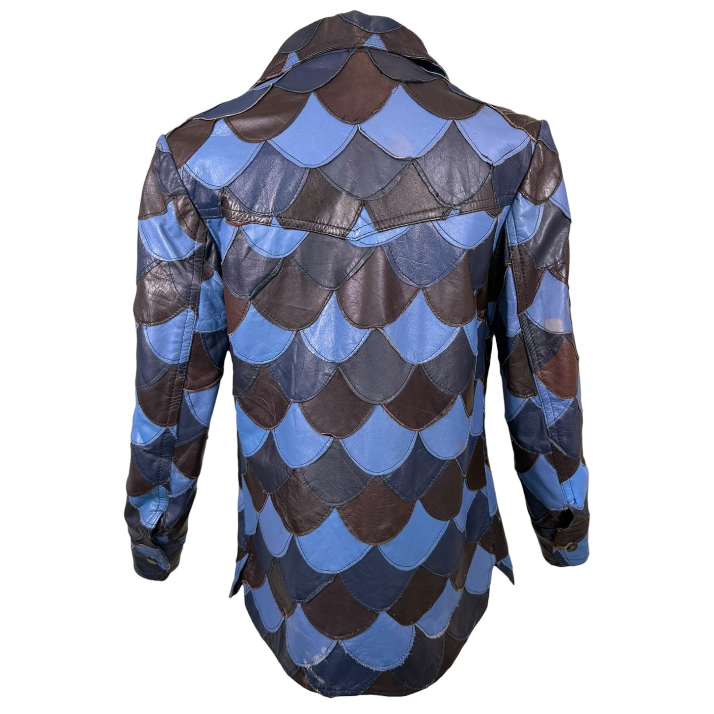 Vintage 1970s Blue & Brown Scalloped Patchwork Leather Jacket - Size Small