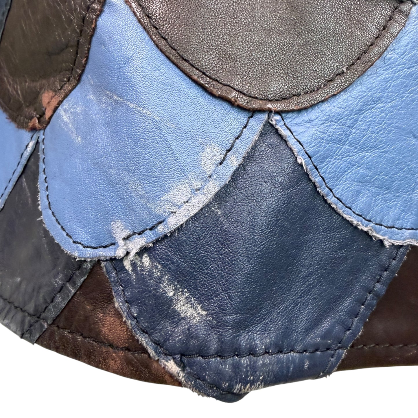 Vintage 1970s Blue & Brown Scalloped Patchwork Leather Jacket - Size Small