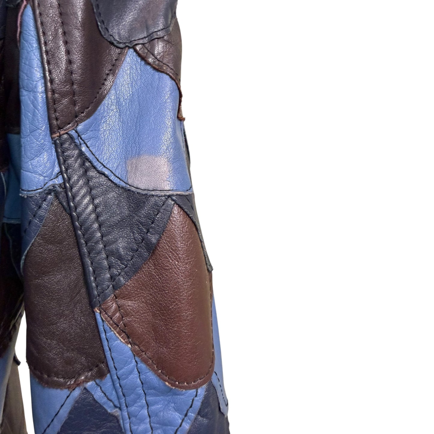 Vintage 1970s Blue & Brown Scalloped Patchwork Leather Jacket - Size Small