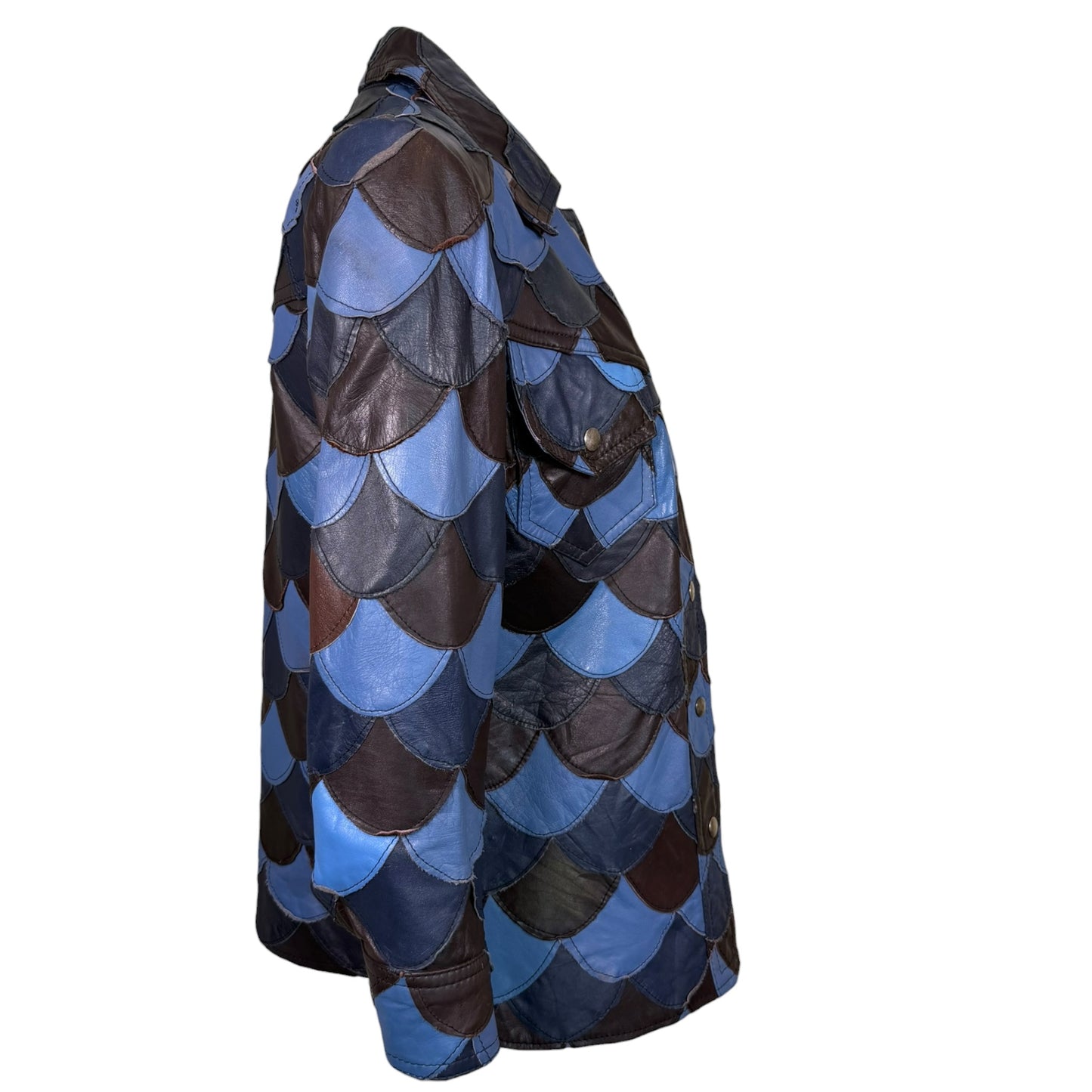 Vintage 1970s Blue & Brown Scalloped Patchwork Leather Jacket - Size Small