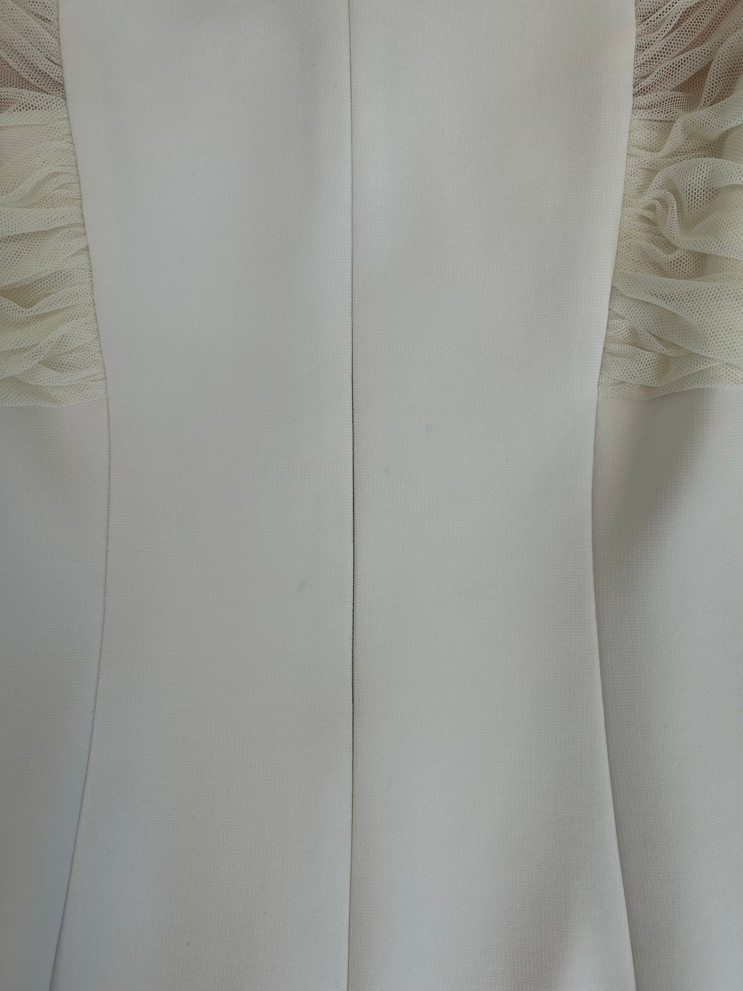 Versace White Stretch Knit Mini Dress with Sheer Ruched Tulle Sleeves - Resort 2014