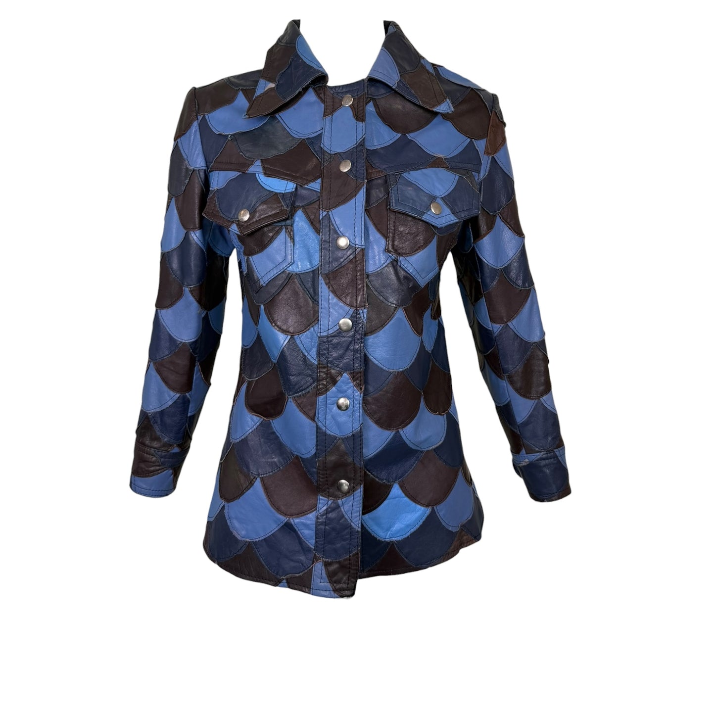Vintage 1970s Blue & Brown Scalloped Patchwork Leather Jacket - Size Small