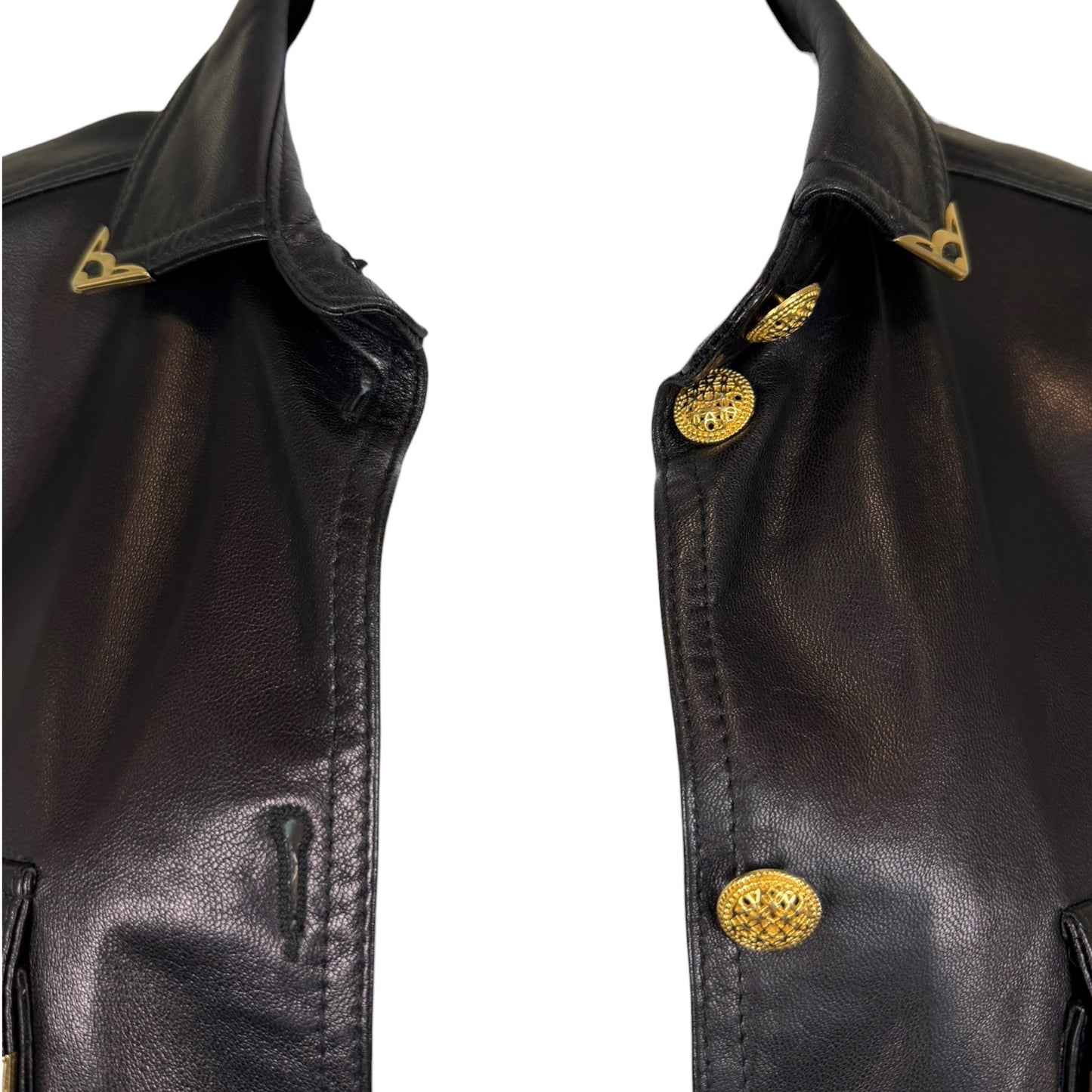 Vintage Begedor Italia 1990s Black Leather Western Shirt Jacket with Gold Hardware - Size 10