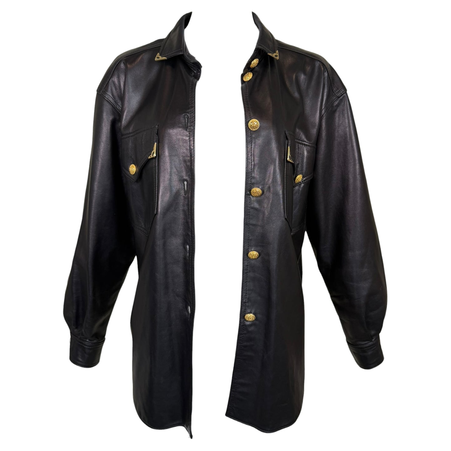 Vintage Begedor Italia 1990s Black Leather Western Shirt Jacket with Gold Hardware - Size 10
