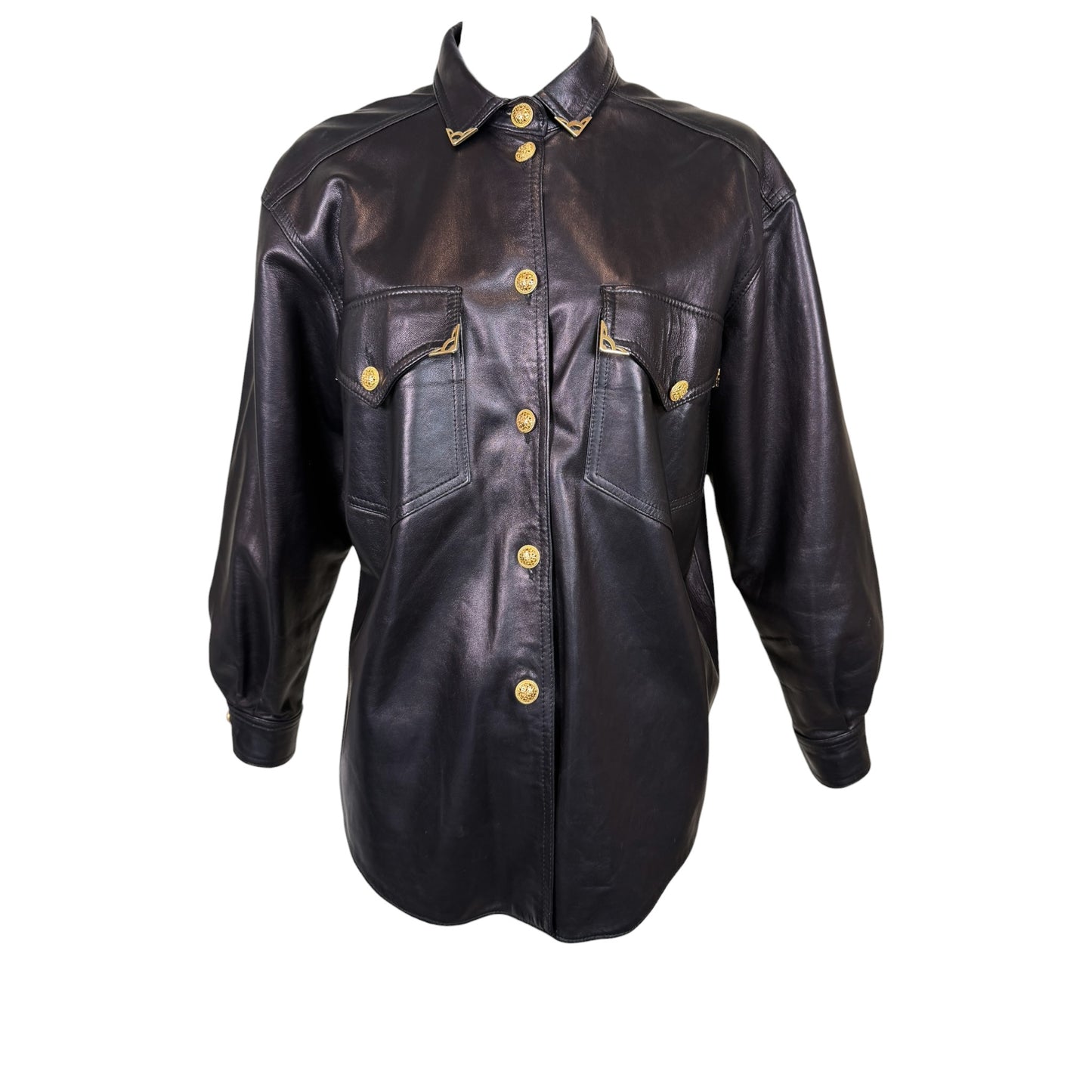 Vintage Begedor Italia 1990s Black Leather Western Shirt Jacket with Gold Hardware - Size 10