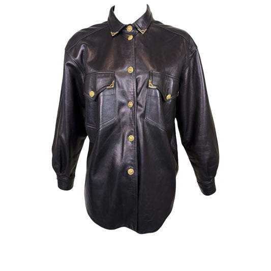 Vintage Begedor Italia 1990s Black Leather Western Shirt Jacket with Gold Hardware - Size 10