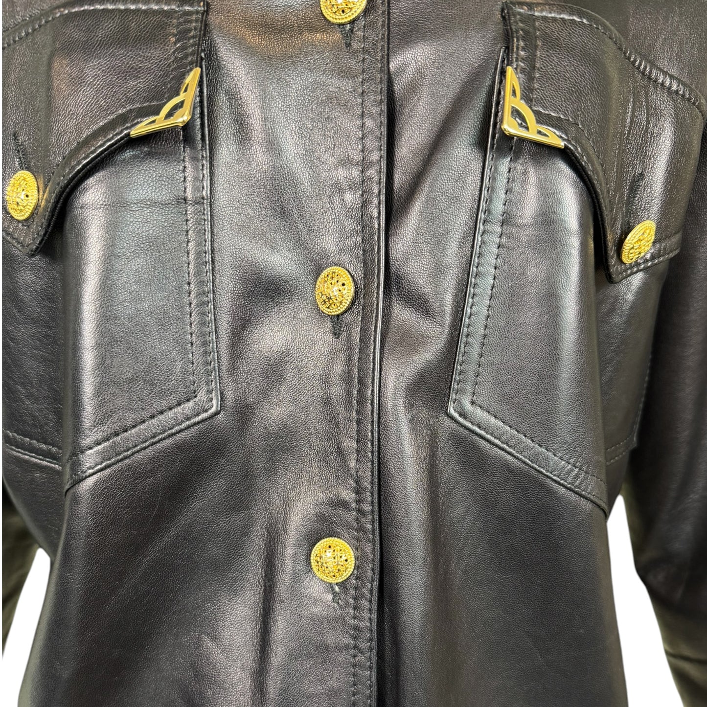 Vintage Begedor Italia 1990s Black Leather Western Shirt Jacket with Gold Hardware - Size 10