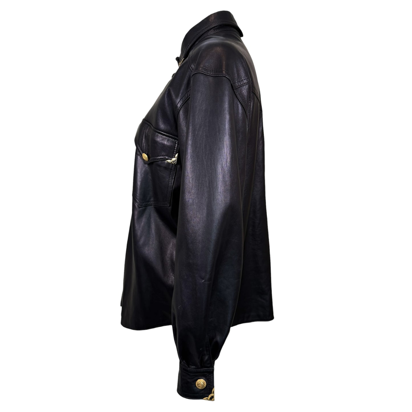 Vintage Begedor Italia 1990s Black Leather Western Shirt Jacket with Gold Hardware - Size 10