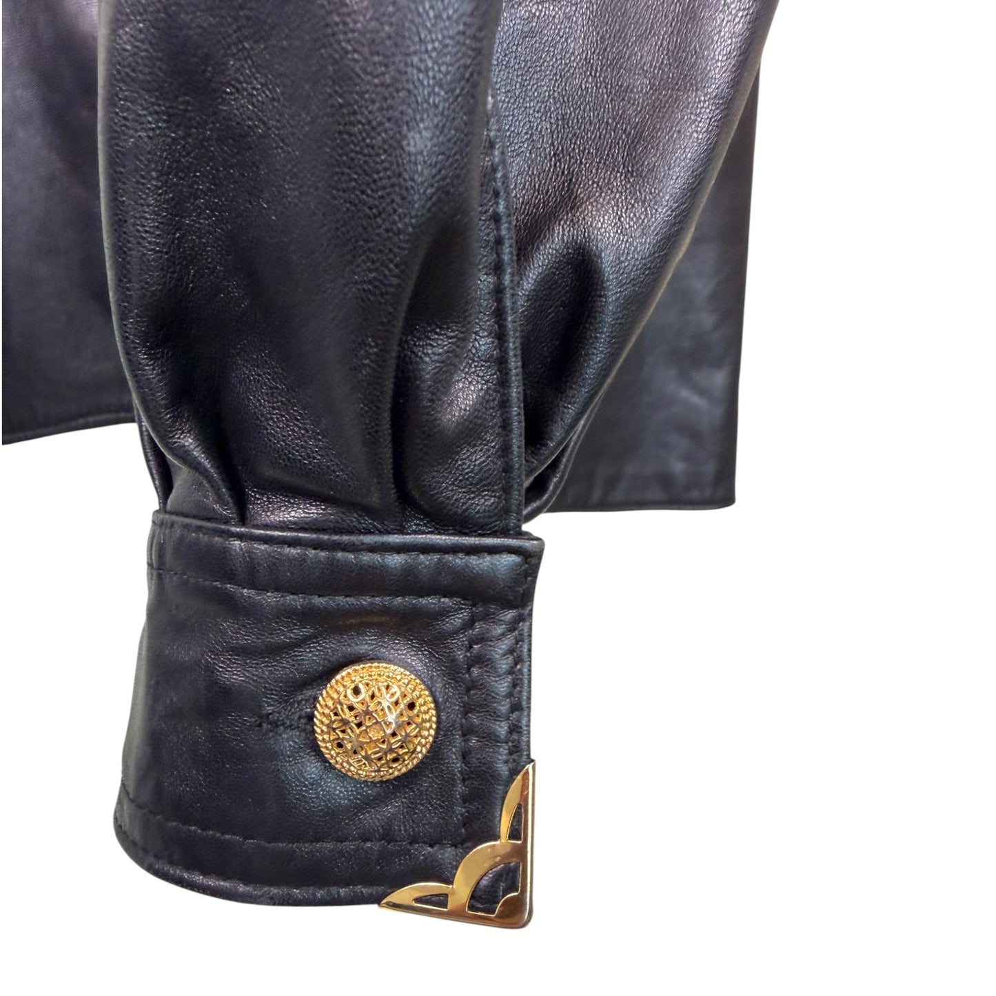 Vintage Begedor Italia 1990s Black Leather Western Shirt Jacket with Gold Hardware - Size 10
