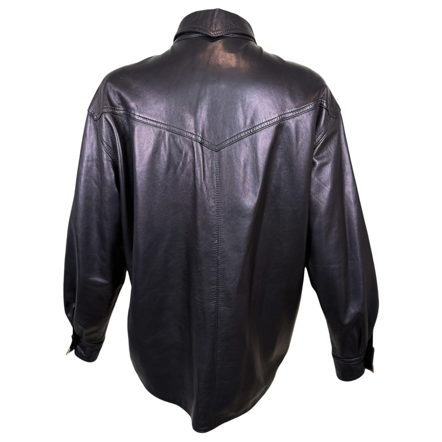 Vintage Begedor Italia 1990s Black Leather Western Shirt Jacket with Gold Hardware - Size 10