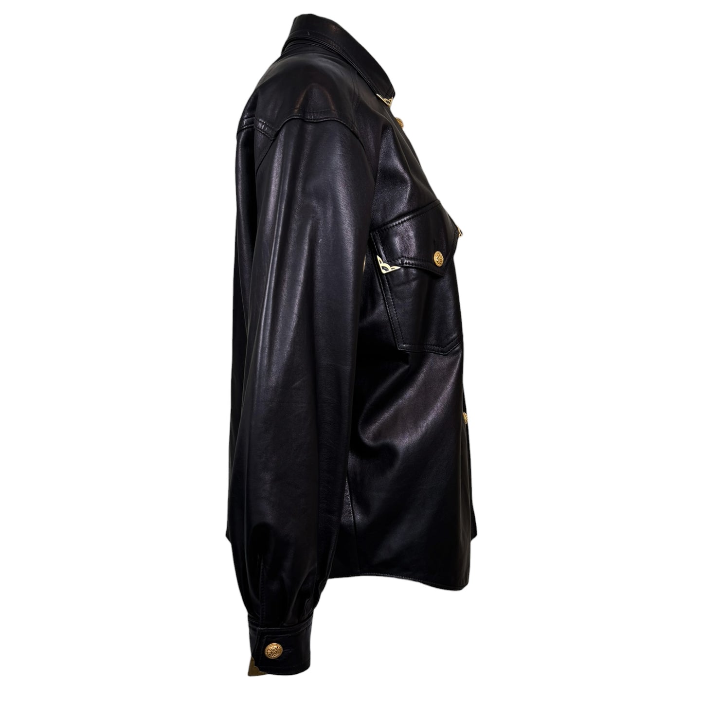 Vintage Begedor Italia 1990s Black Leather Western Shirt Jacket with Gold Hardware - Size 10