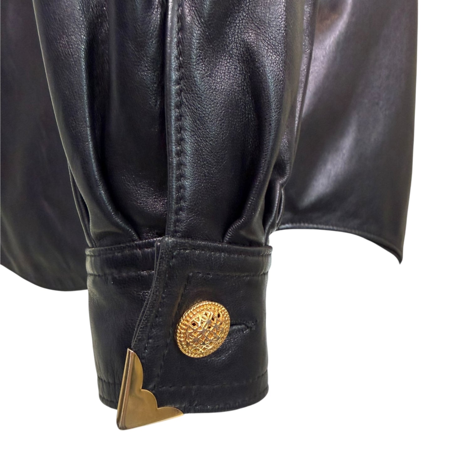 Vintage Begedor Italia 1990s Black Leather Western Shirt Jacket with Gold Hardware - Size 10