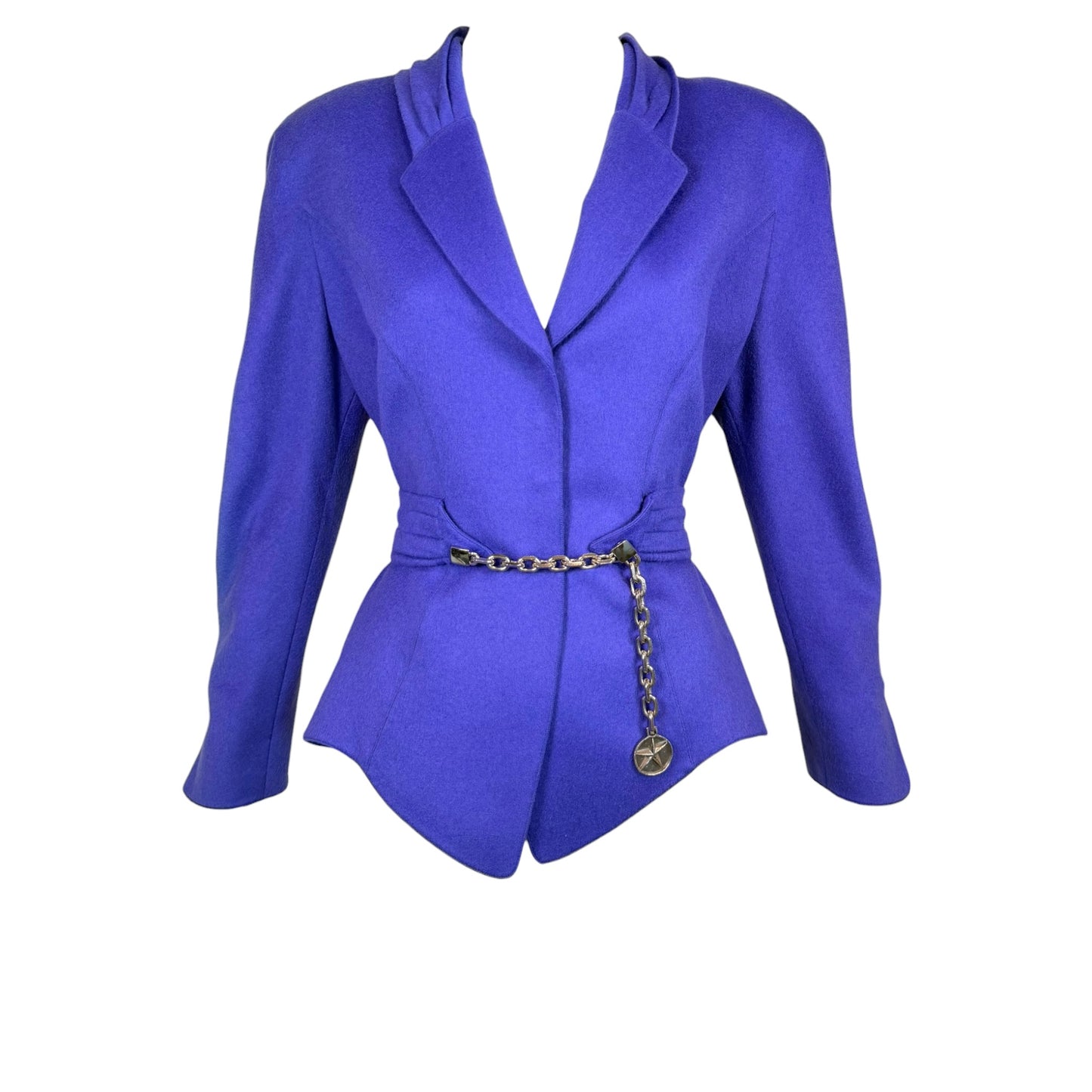 Vintage Thierry Mugler Paris Iris Blue Wool Blend Sculpted Chain Blazer - Size 40