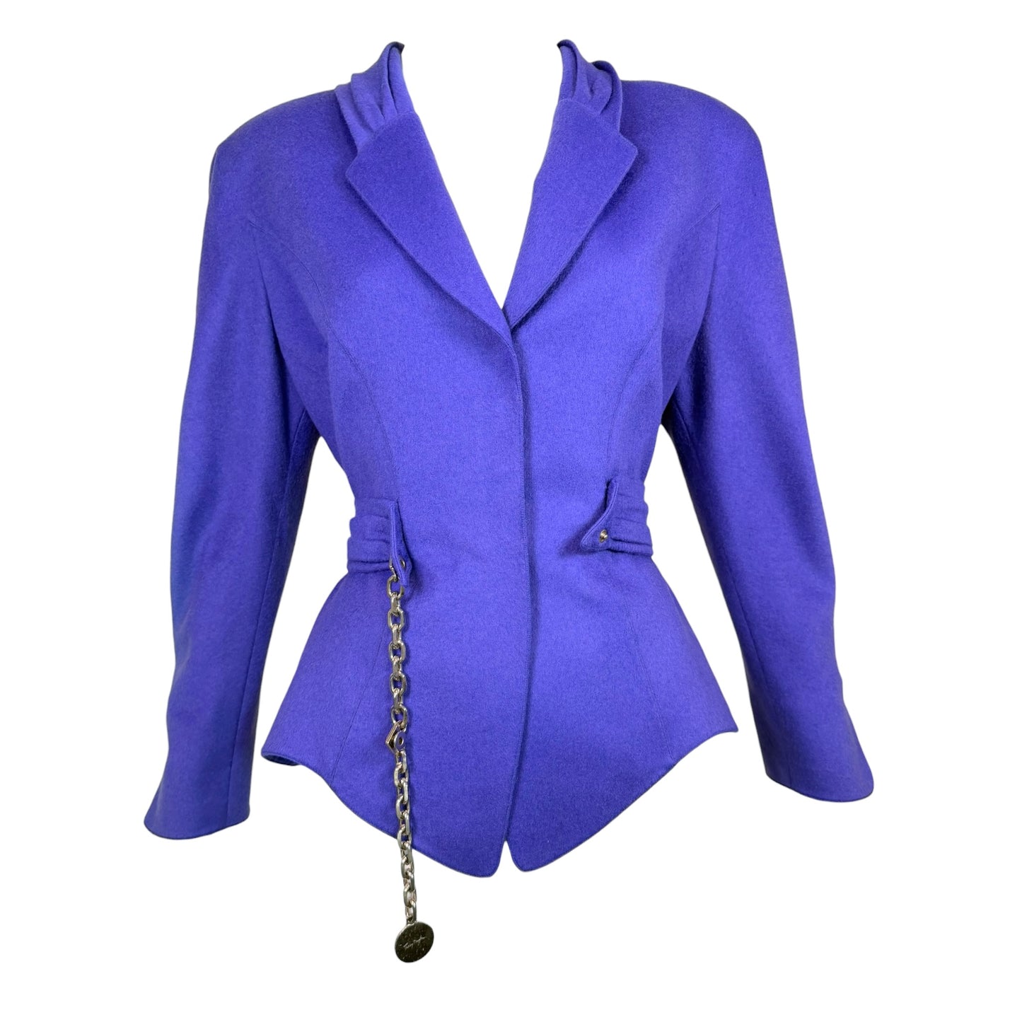 Vintage Thierry Mugler Paris Iris Blue Wool Blend Sculpted Chain Blazer - Size 40