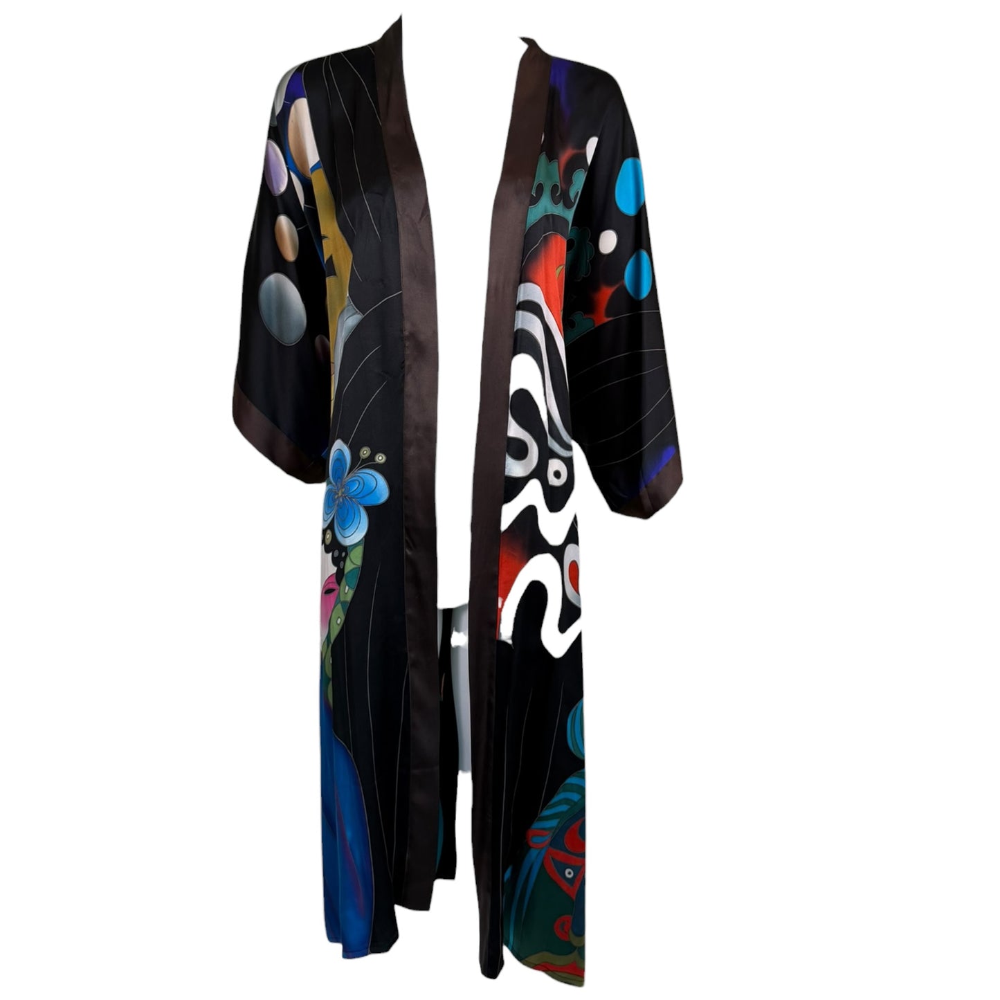 Vintage Zhuang’s Art's Studio Hand-Painted Silk Kimono Robe | Colorful Opera Mask Print