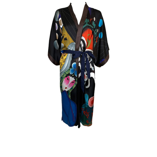 Vintage Zhuang’s Art's Studio Hand-Painted Silk Kimono Robe | Colorful Opera Mask Print